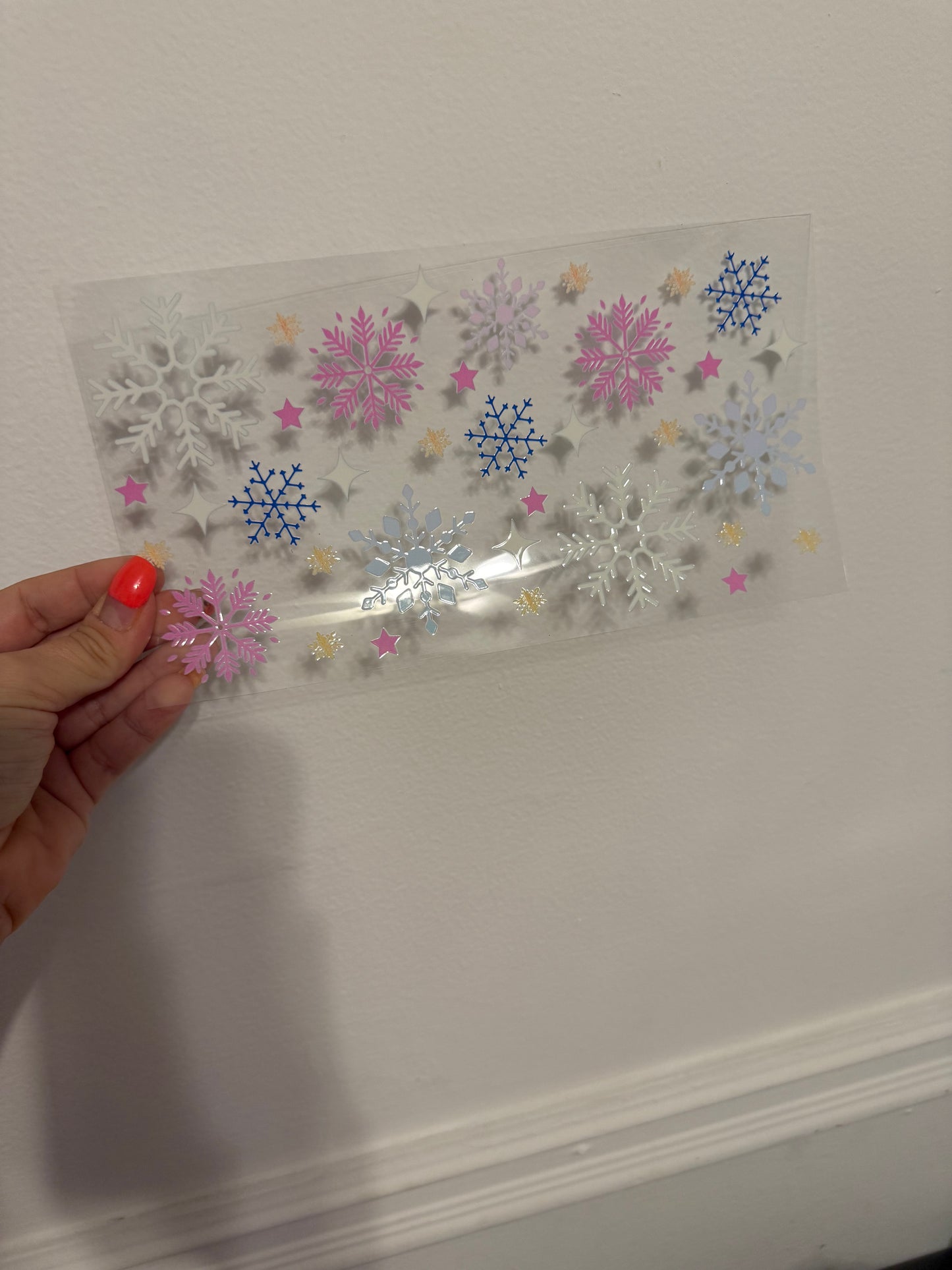 Pink blue white snowflakes
