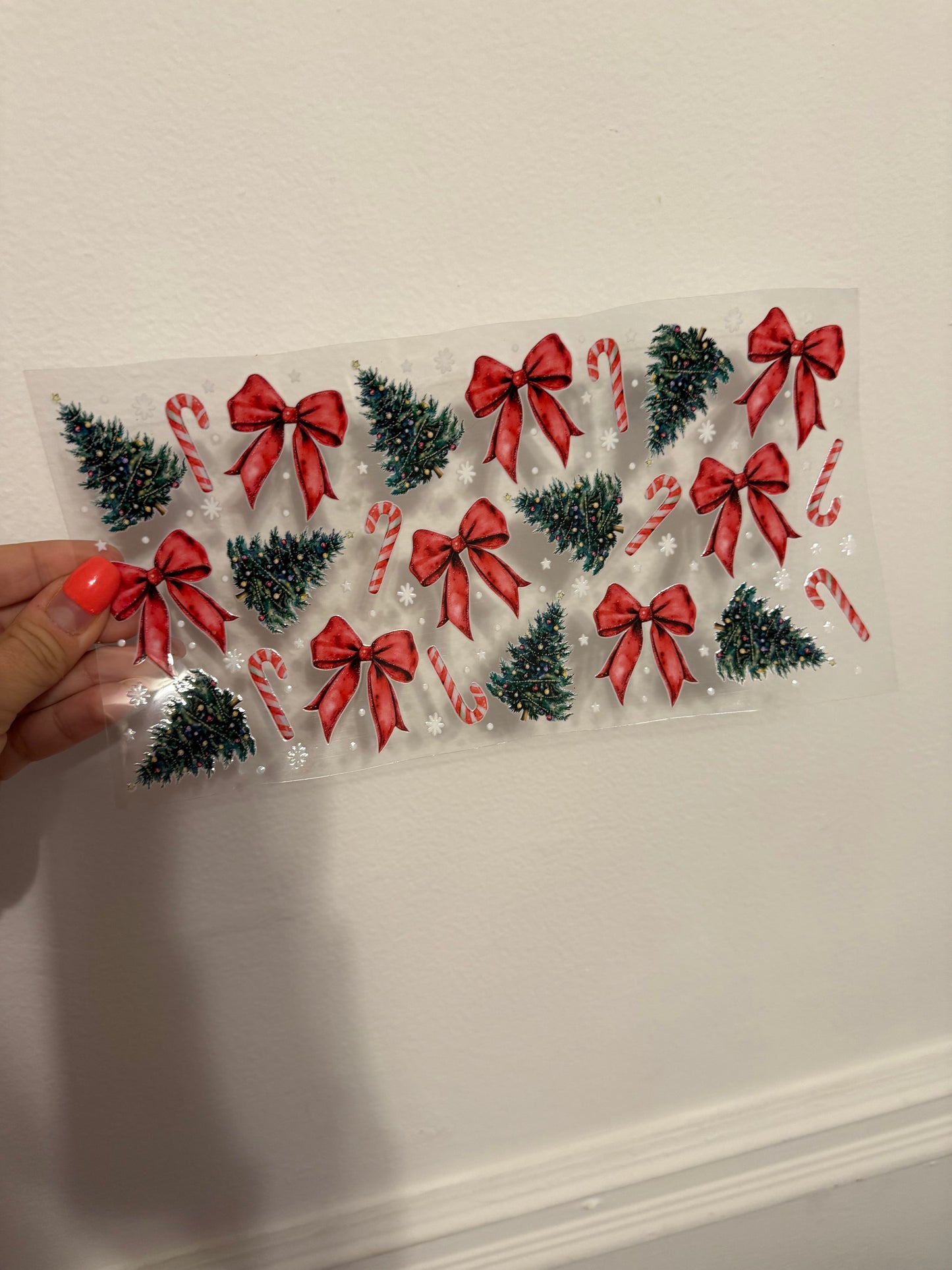 Candy canes, bows, Christmas trees