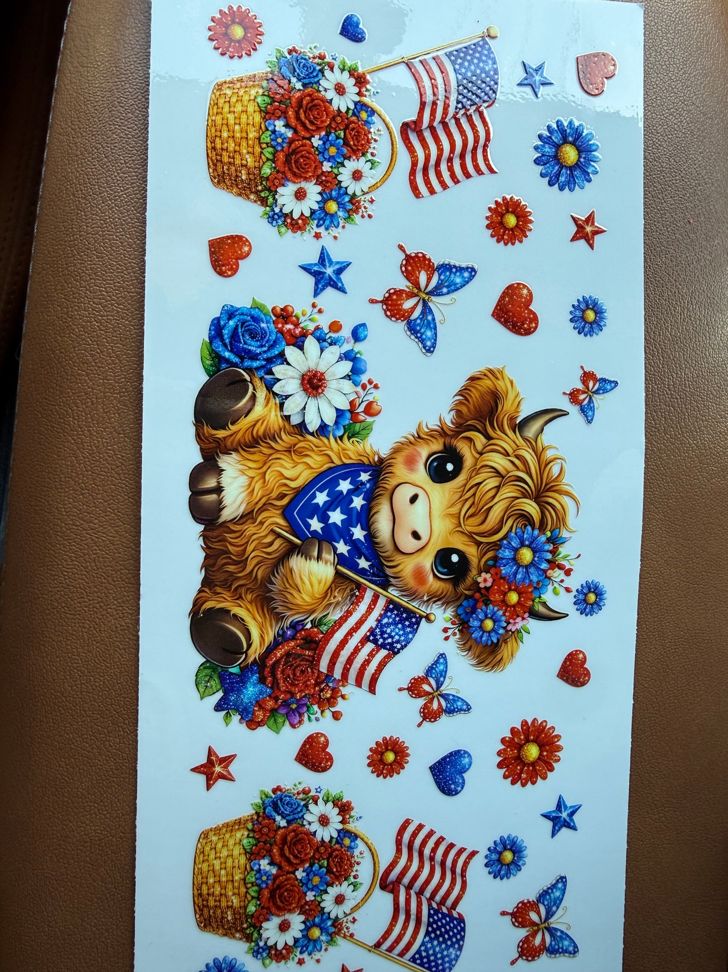 Red white blue highland cow w butterflies