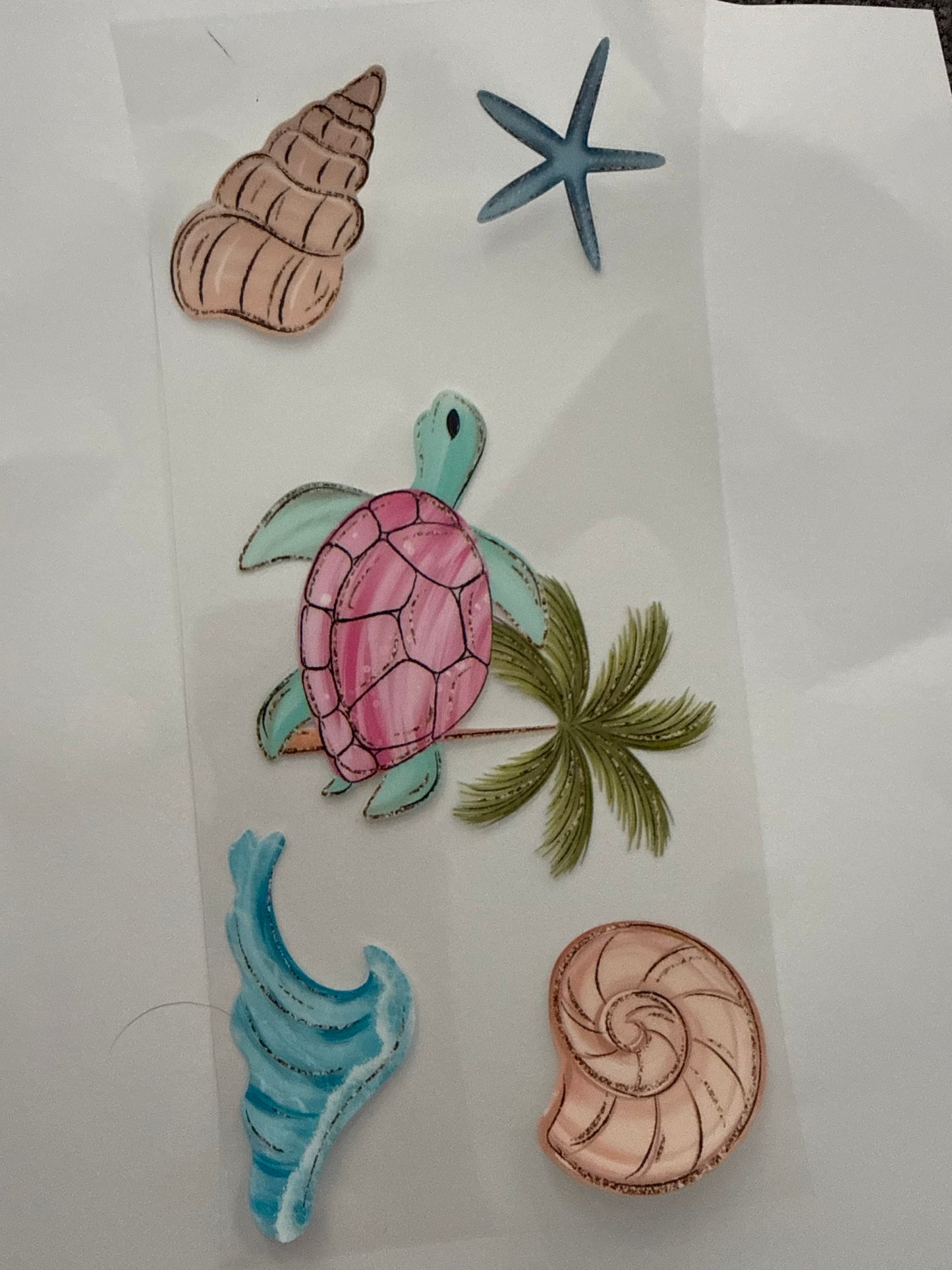Turtle, waves, palm tree starfish
