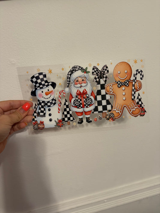 Snowman, gingerbread man, Santa