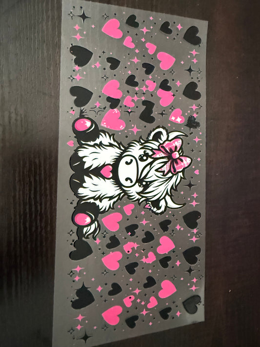 Highland Cow with Pink and Black Hearts
