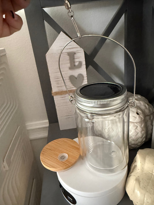 11 oz Double Wall Glass Snowglobe Mason Jars with solar light lid and Bamboo Lid & Straw