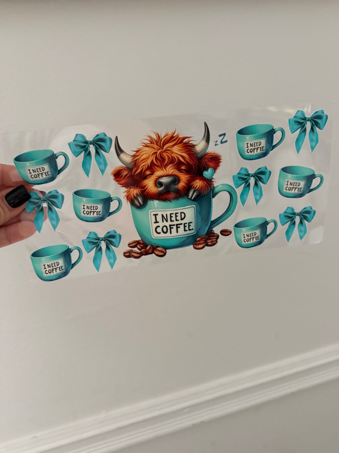 Teal I NEED COFFEE Highland Cow